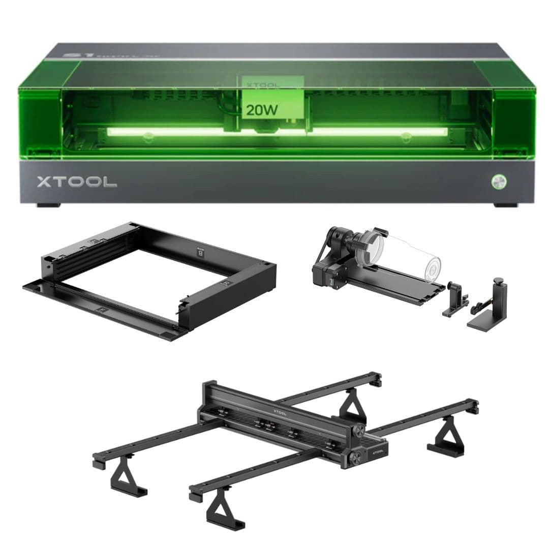 Grabadora Laser xTool S1 20W + Kit Alimentador Cinta Transportadora + Accesorio Rotativo para grabador láser xTool RA2 Pro + Base elevadora xTool S1