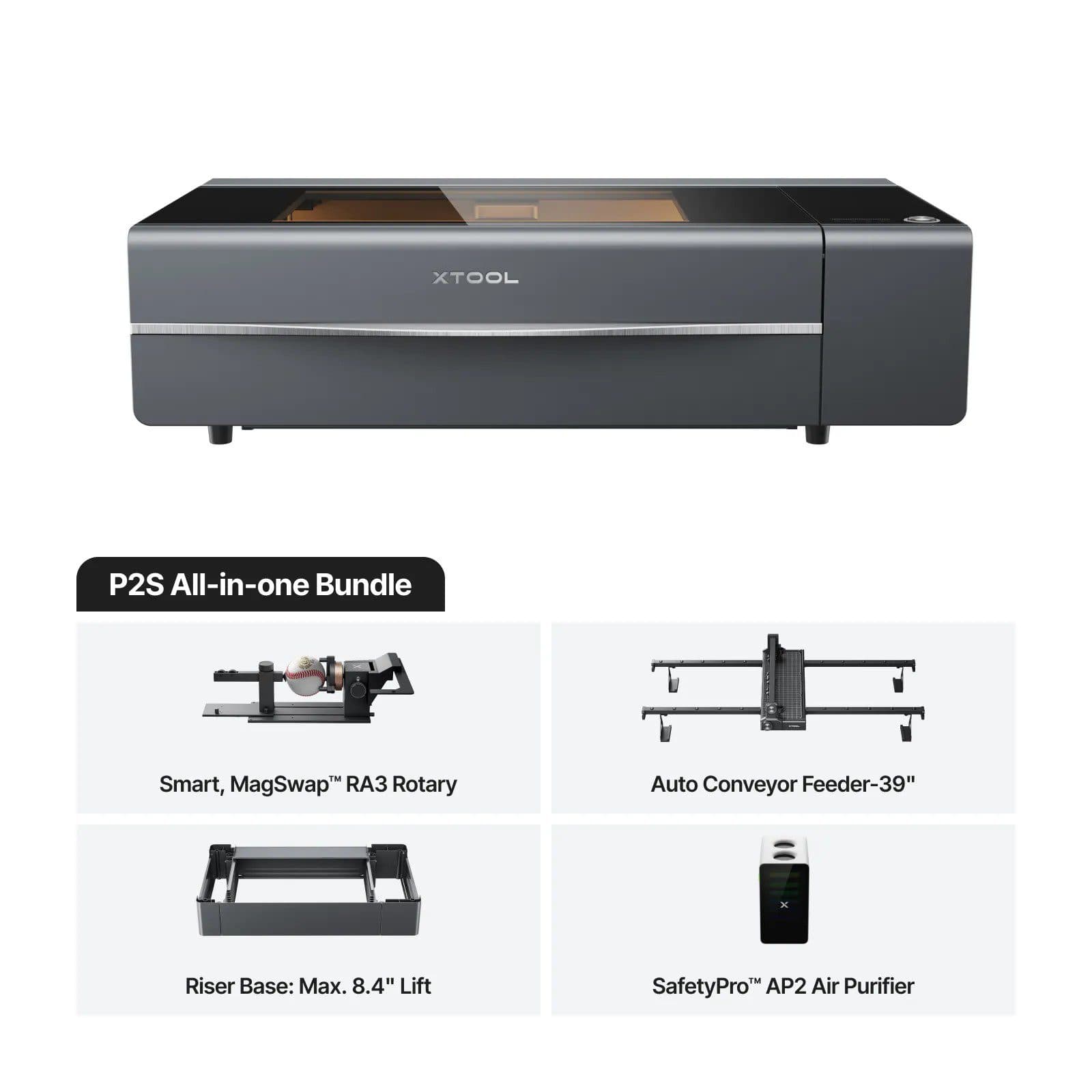 Grabadora laser de CO2 Xtool P2S 55W + Rotativo RA3 + Alimentador Automatico + Riser Elevador + Purificador de Aire AP2