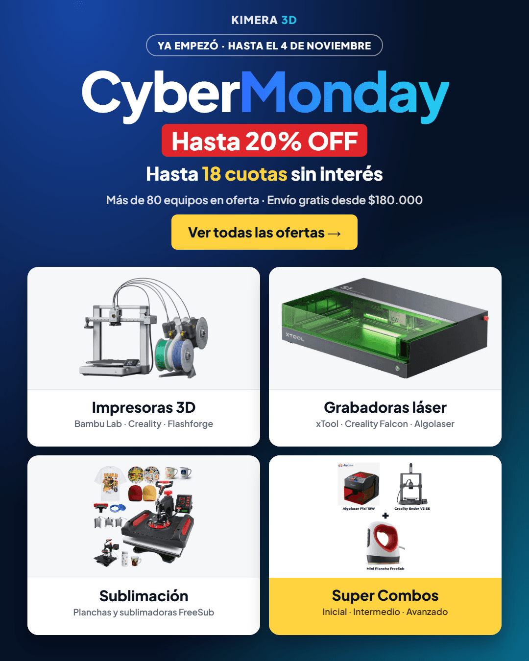 CyberMonday en Kimera 3D: hasta 20% OFF y hasta 18 cuotas sin interés en impresoras 3D, grabadoras láser, sublimación y Super Combos