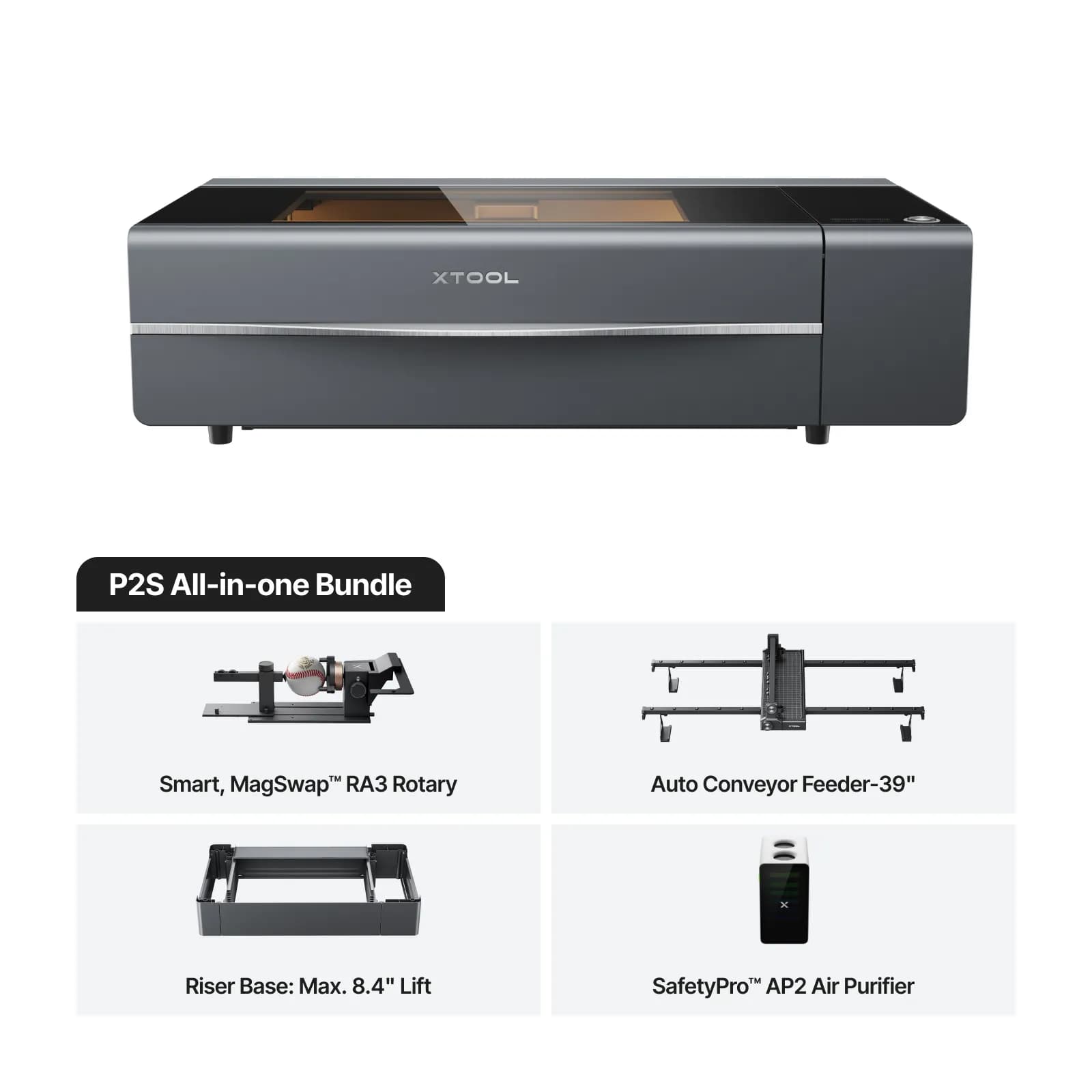 Grabadora Laser Xtool P2S 55w Co2 + RA2 Pro + Alimentador Automatico de Cinta + Base Elevadora + Purificador de Aire