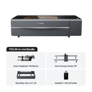 Grabadora Laser Xtool P2S 55w Co2 + RA2 Pro + Alimentador Automatico de Cinta + Base Elevadora + Purificador de Aire