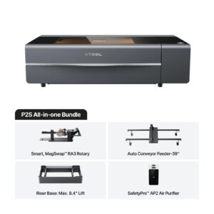 Grabadora laser de CO2 Xtool P2S 55W + Rotativo RA3 + Alimentador Automatico + Riser Elevador + Purificador de Aire AP2